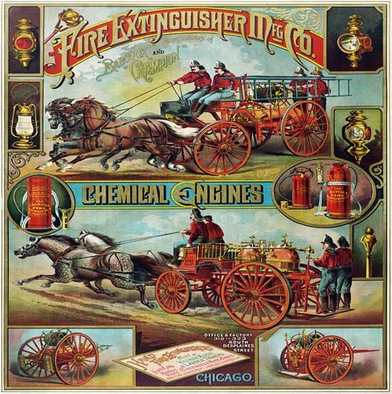 Colorful artist drawing of a 19th century horse drawn fie engines racing to a fire..