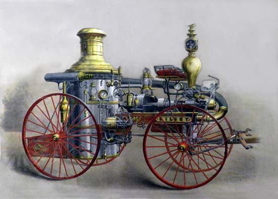 Colorful artist drawing of a 19th century Silsby Steam powered fire engine.